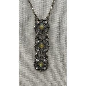 Vintage 1928 Brand Rhinestone Bar Pendant Silver Tone Necklace Dainty Signed